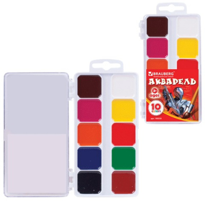Краски акварельные 10 цветов, медовые, пластиковая коробка, BRAUBERG - 53 руб. в alfabook