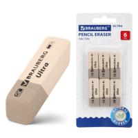 Ластики BRAUBERG "Ultra" 6 шт., размер ластика 41х14х8 мм, серо-белые, натуральный каучук, 229600 - 267 руб. в alfabook