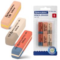 Ластики BRAUBERG "Ultra Mix" 6 шт., размер ластика 41х14х8 мм, ассорти, натуральный каучук, 229602 - 263 руб. в alfabook