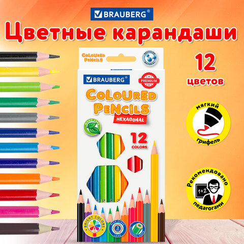 Карандаши цветные "PREMIUM", 12 цветов, шестигранные, грифель мягкий 3 мм, BRAUBERG - 99 руб. в alfabook