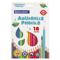 Карандаши цветные акварельные BRAUBERG PREMIUM AQUARELLE, 18 цветов, трехгранные, утолщенный грифель 4 мм, натуральное дерево, 181672 - 451 руб. в alfabook