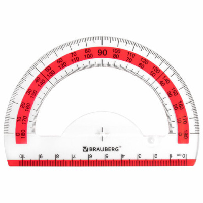 Транспортир 10 см BRAUBERG "FRESH ZONE", 180 градусов, пластик, прозрачный, красная шкала, 210760 - 82 руб. в alfabook