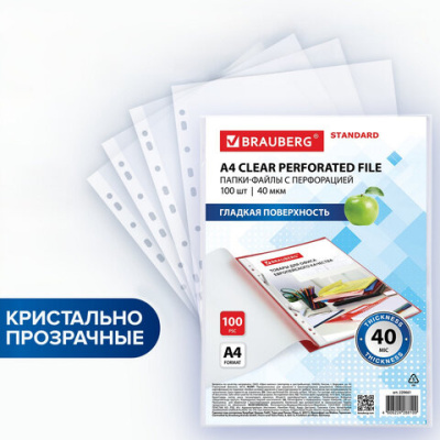 Папки-файлы перфорированные А4 BRAUBERG "STANDARD", КОМПЛЕКТ 100 шт., гладкие, 40 мкм, 229661 - 554 руб. в alfabook