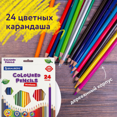 Карандаши цветные "PREMIUM", 24 цвета, шестигранные, грифель мягкий 3,3 мм, BRAUBERG - 205 руб. в alfabook
