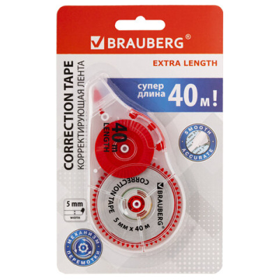 Корректирующая лента BRAUBERG EXTRA LENGTH, 5 мм х 40 м, механизм перемотки, корпус прозрачный, блистер, 272502 - 296 руб. в alfabook