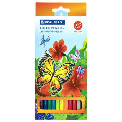 Карандаши цветные 12 цветов, заточенные, "Wonderful butterfly", BRAUBERG - 140 руб. в alfabook