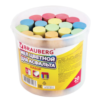Мел цветной BRAUBERG, набор 20 шт., для рисования на асфальте, круглый, пластиковое ведро - 305 руб. в alfabook