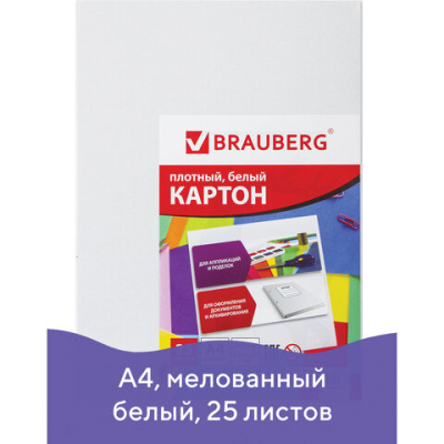 Белый картон, А4, мелованный, 25 листов, для творчества и подшивки документов, BRAUBERG - 170 руб. в alfabook