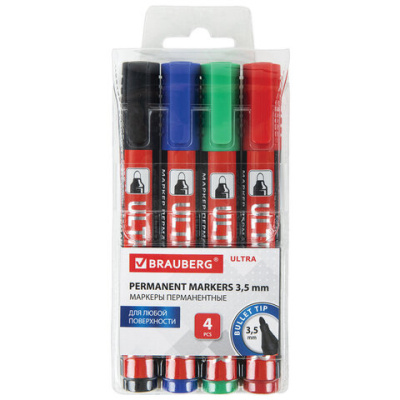 Маркеры перманентные BRAUBERG ULTRA MARKER, НАБОР 4 ЦВЕТА, круглый наконечник 3,5 мм, 152208 - 424 руб. в alfabook