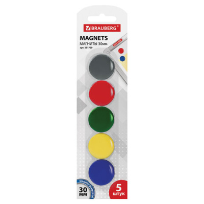 Магниты для магн.доски 5 шт. диаметр 30 мм, цвет ассорти, BRAUBERG - 118 руб. в alfabook
